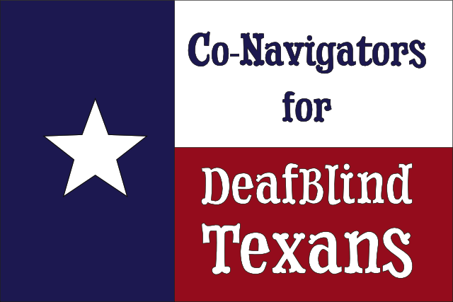 Logo: Flag of Texas with text going over the white and the red bars. Co-Navigators for DeafBlind Texans. Designed by Hex
